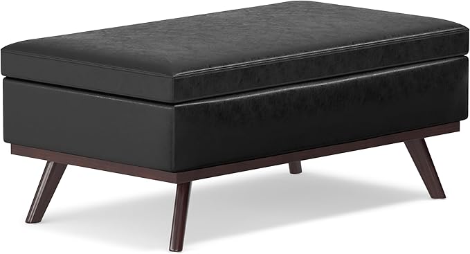 SIMPLIHOME Owen 42 inch Wide Mid Century Modern Rectangle Lift Top Large Coffee Table Storage Ottoman in Distressed Black Vegan Faux Leather, Assembled, for the Living Room, Entryway and Family Room