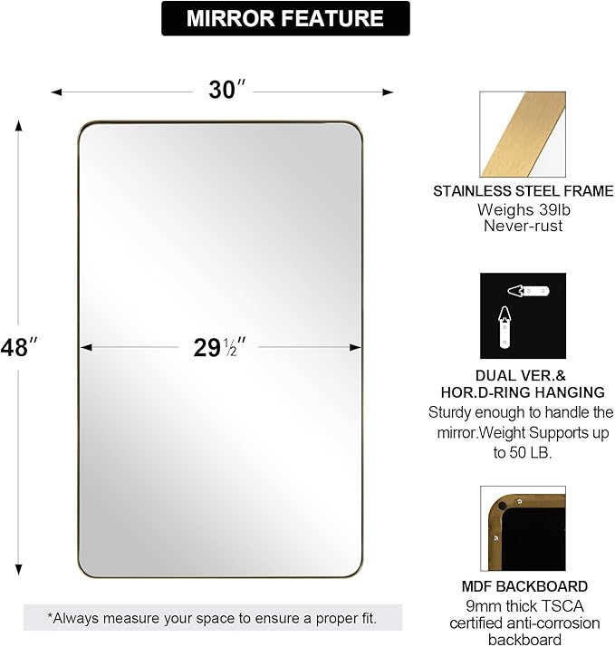 ANDY STAR 30"x48" Brass Gold Bathroom Mirror, Large Wall Mirror for Bathroom, Rounded Rectangle Mirror in Premium Stainless Steel Metal Frame Hangs Horizontal Or Vertical (Brushed Gold)