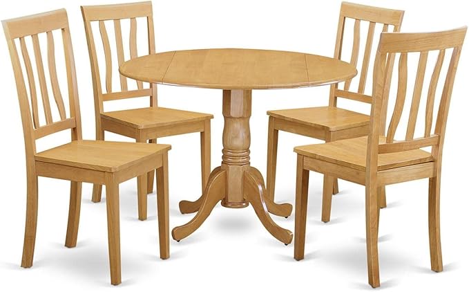 East West Furniture DLAN5-OAK-W 5 Piece Kitchen Table Set for 4 Includes a Round Dining Room Table with Dropleaf and 4 Solid Wood Seat Chairs, 42x42 Inch, Oak