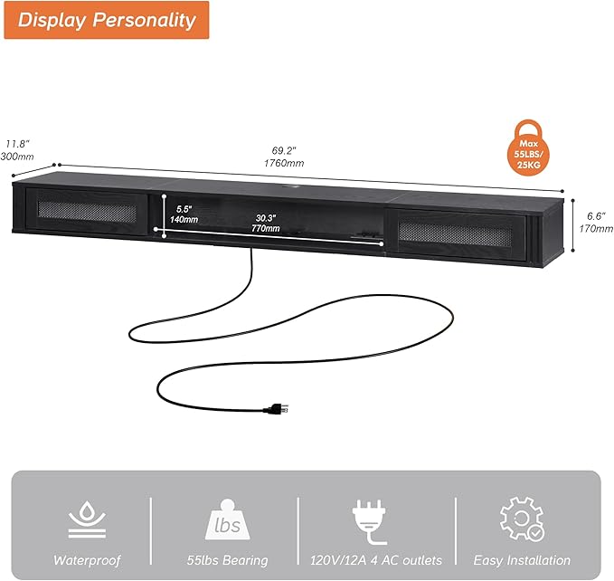 WAMPAT Floating TV Stand Shelf with Power Outlet, Mid Century Modern Wall Mount Shelf for TVs up to 80",Media Console TV Cabinet with 2 Rattan Doors