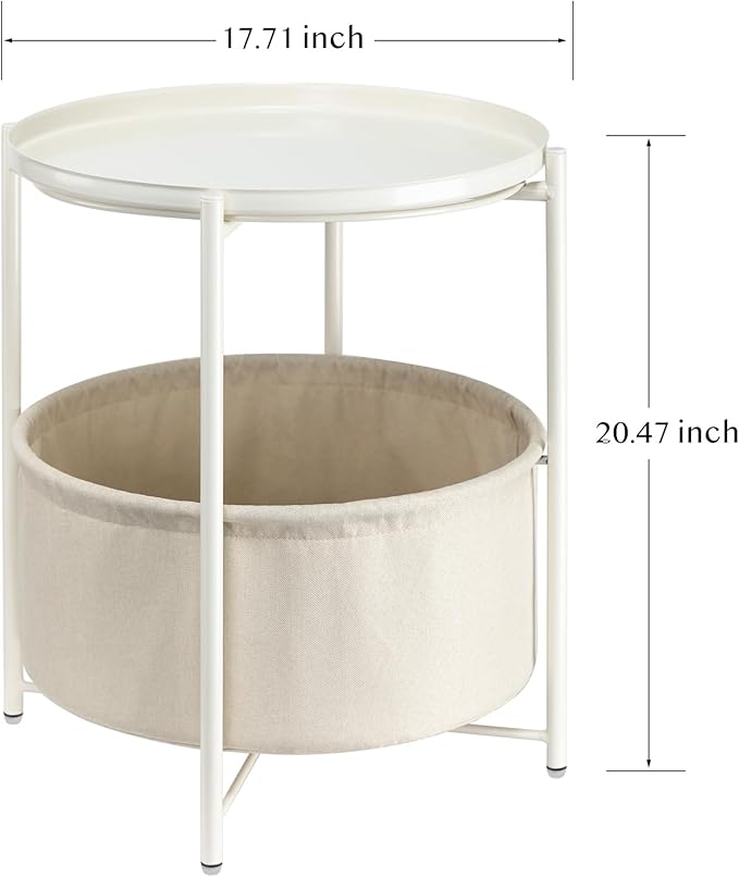 danpinera Round Side Table with Fabric Storage Basket, Metal Side Table Small Bedside Nightstand with Removable Tray Top for Living Room, Bedroom, Nursery, Laundry, White