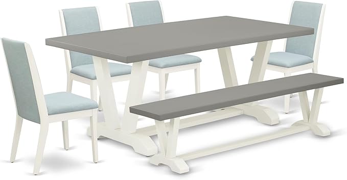 East West Furniture V097LA015-6 6 Piece Dining Table Set Contains a Rectangle Dining Room Table with V-Legs and 4 Baby Blue Linen Fabric Parson Chairs with a Bench, 40x72 Inch, Multi-Color