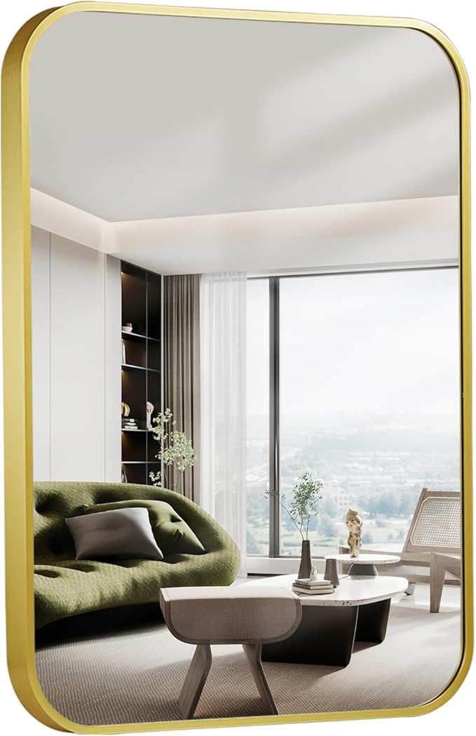 16x24 Inch Bathroom Mirror for Wall,Matte Gold Framed Rectangle Mirror with Rounded Corner,Aluminum Alloy Framed Brushed Wall Mirror for Bedroom or Living Room,Vertical or Horizontal