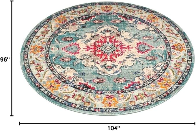 SAFAVIEH Monaco Collection Area Rug - 8'8" Round, Light Blue & Fuchsia, Boho Chic Medallion Distressed Design, Non-Shedding & Easy Care, Ideal for High Traffic Areas in Living Room, Bedroom (MNC243J)