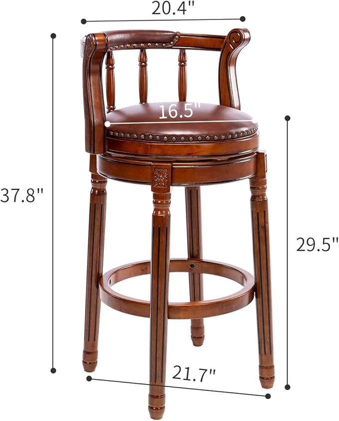 Cow top Leather Wooden Bar Stools, 360 Degree Swivel Bar Height Chair with Backs for Home Kitchen Counter, Morden Chair Barstools (Dark Blue 1pc, Bar Height-Seat Height 29.5”)