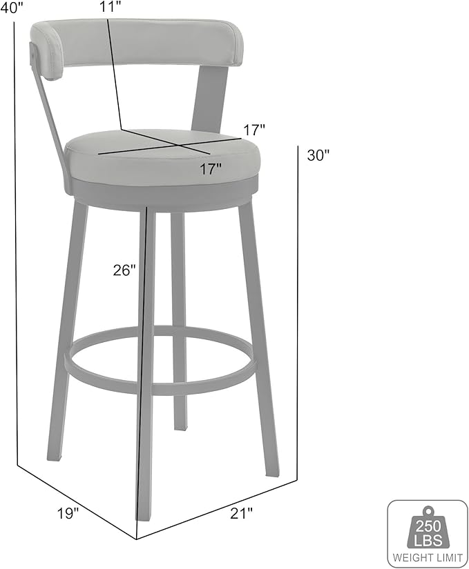 Armen Living Bryant Modern 30" Seat Height White Faux Leather and Brushed Stainless Steel Metal Swivel Bar Stool for Kitchen Island Counter