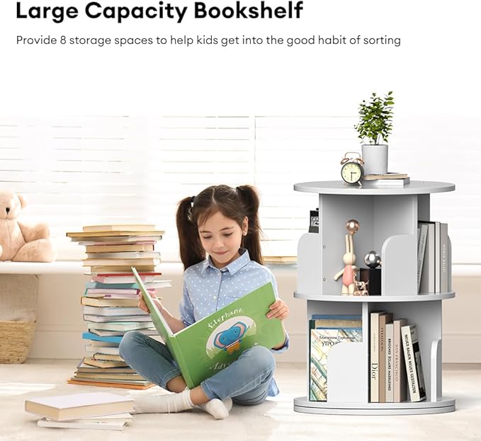 Nidouillet Rotating Bookshelf, Revolving Bookcase 360 Display Round Bookshelf, High-Density MDF Wood Narrow Swivel Corner Book Shelf Standing Bookcase for Adult Bedroom, Living Room (White, 2 Tier)