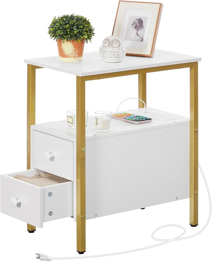 HOOBRO End Table with Charging Station, Narrow Side Table with 2 Drawer & USB Ports & Power Outlets, Nightstand for Small Spaces, Stable and Sturdy, for Living Room, Bedroom, Gold and White DW541BZ01