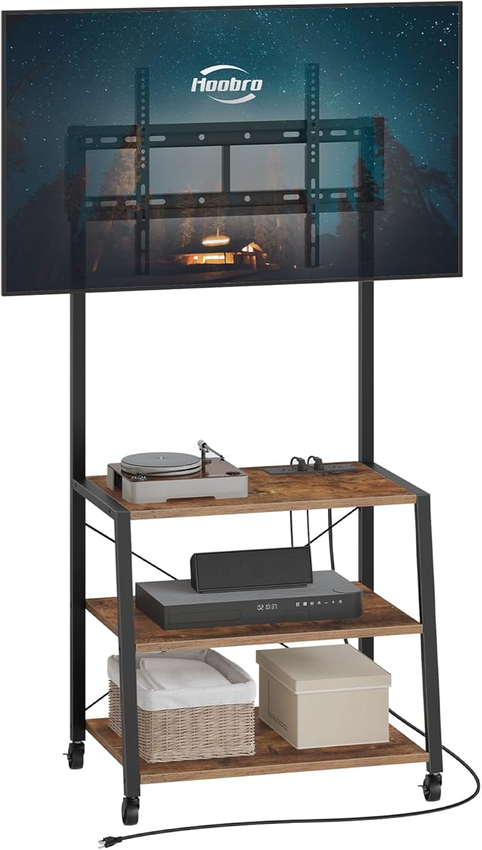 HOOBRO Rolling TV Stand with Mount and Power Outlet Up to 55 inch TV, Corner Entertainment Center, Small TV Stand with 3-Tier Storage Shelves for Living Room, Bedroom, Rustic Brown and Black BF66UDS01