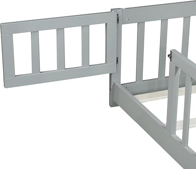 Bellemave Twin Floor Bed with Slats and Safety Guardrails, Kids Montessori Floor Beds with Fence and Door, Easy Assemble Floor Bed for Kids, Girls, Boys, Gray