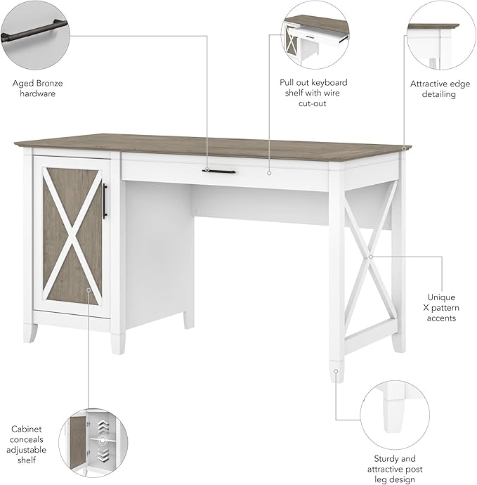 Bush Furniture Key West Computer Desk with Storage | Farmhouse PC Table for Home Office in Pure White and Shiplap Gray | 54W x 24D