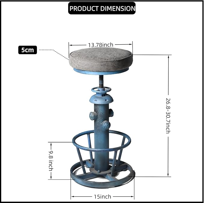 Industrial Bar Stool with Cushioned PU Seat 24.8-30.3inch Height Adjustable Vintage Counter Stools for Kitchen Island Farmhouse Fire Hydrant Design Coffee Chair