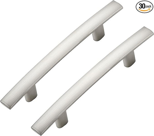 30 Pack Cabinet Handles 3" Hole Center - Curved Cabinet Pulls Brushed Nickel Drawer Pulls for Kitchen Cupboard Solid Hardware for Dresser Drawer Arch Hardware