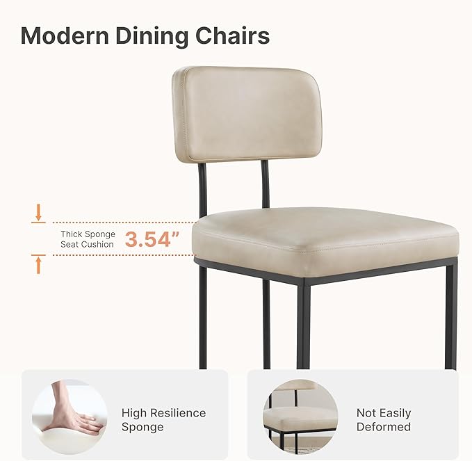 Dining Chairs Set of 6, Upholstered Modern Kitchen Chairs with Ergonomic Backrest, Faux Leather Cushion Seat & Metal Legs for Living Room, Restaurant, and Café, Beige, 2 Boxs