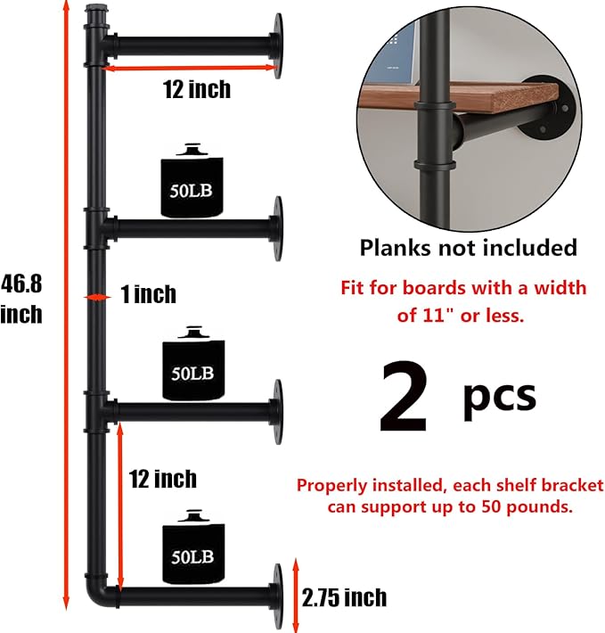 Industrial Pipe Shelf Brackets Wall Mount,Open Black Pipe Shelving for Kitchen,Floating Shelf Brackets Mount,Open Bookshelf Brackets for Shelves,Wall Shelves 12 Inch Deep,(2PcsX4Tier,47" Tall)