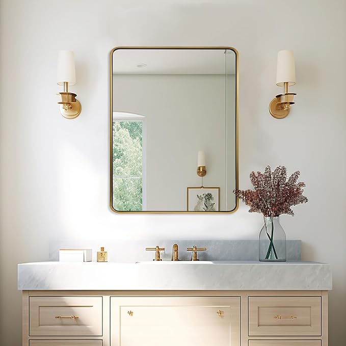 ANDY STAR 24x32 INCH Gold Bathroom Mirror, Brushed Brass Mirror, Rounded Rectangle Mirrors, Anti-Rust SUS304, Tube Metal Framed, 1’’ Deep Wall Mounted Vertically/Horizontal