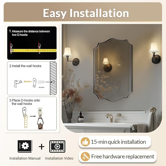 Black Scalloped Vanity Mirror, Matte Black Bathroom Mirrors, Metal Framed Black Wall Mirror, 22x30 Irregular Shaped Mirror, Rectangle Wavy Wall Mirror, Mounted Vertically or Horizontally