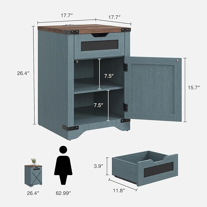 Farmhouse End Table with Charging Station, 26.4" Tall Rustic Nightstand with Drawer and X Barn Door, Country Bedside Sofa Side Table for Living Room, Blue