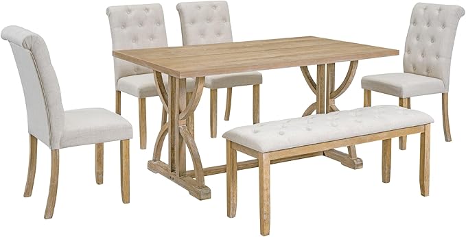 SogesPower 6-Piece Dining Table Set, Rectangular Farmhouse Kitchen Dining Table Set with 4 Upholstered Chairs & 1 Bench, Retro Kitchen Table Set for 4-6 for Dining Room Living Room,Natural Wood Wash