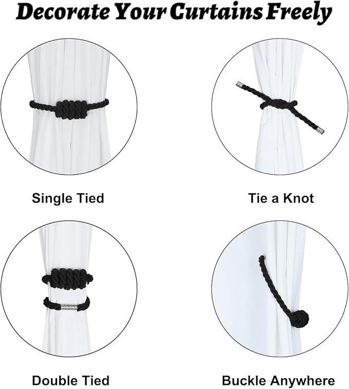 BEL AVENIR Magnetic Cotton Curtain Tiebacks, Decorative Drapery Holdbacks Modern Woven Tie-Backs with Exquisite Knot (Black Cotton, 6 Pack)