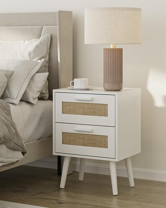 Masupu Rattan Night Stand, Modern nightstand Boho Bedside Table with 2 Drawer, Small End Side Table for Bedroom,Living Room,Office,White