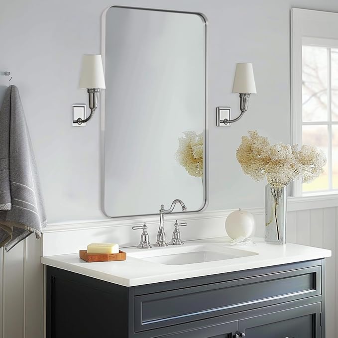 ANDY STAR Chrome Bathroom Mirror, 24”x40” Polished Nickel Rounded Corner Rectangle Mirror, Modern Metal Frame Bathroom Vanity Mirror