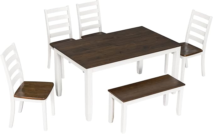 Merax 6-Piece Wooden Rectangular Dining Table Set with 4 Rubber Wood Chairs and 1 Bench