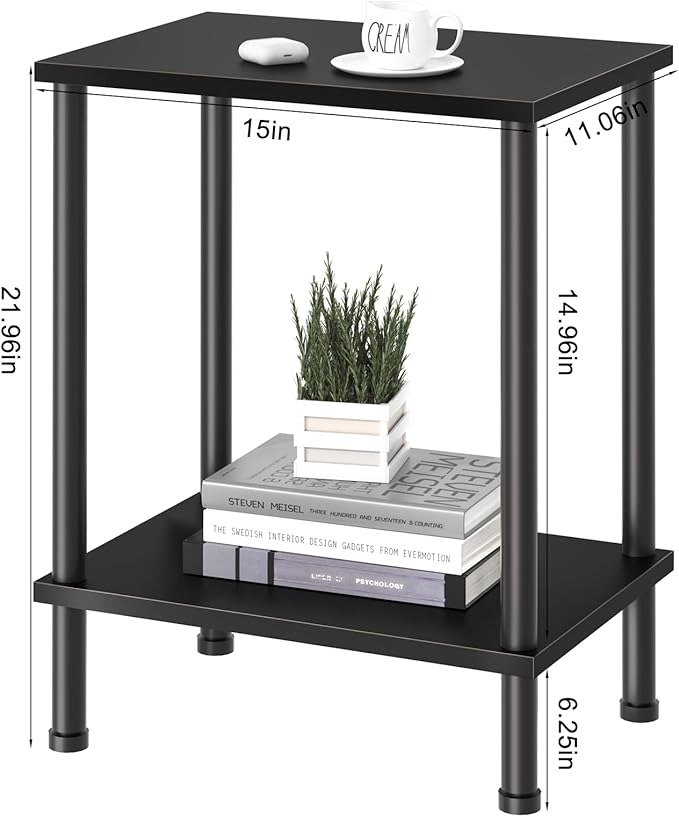 End Table,Small Side Table,2-Tier Nightstand with Storage Shelf,Sofa Bedside Table for Small Spaces in Living Room,Bedroom, Office,Stable Frame,Easy Assembly,Black