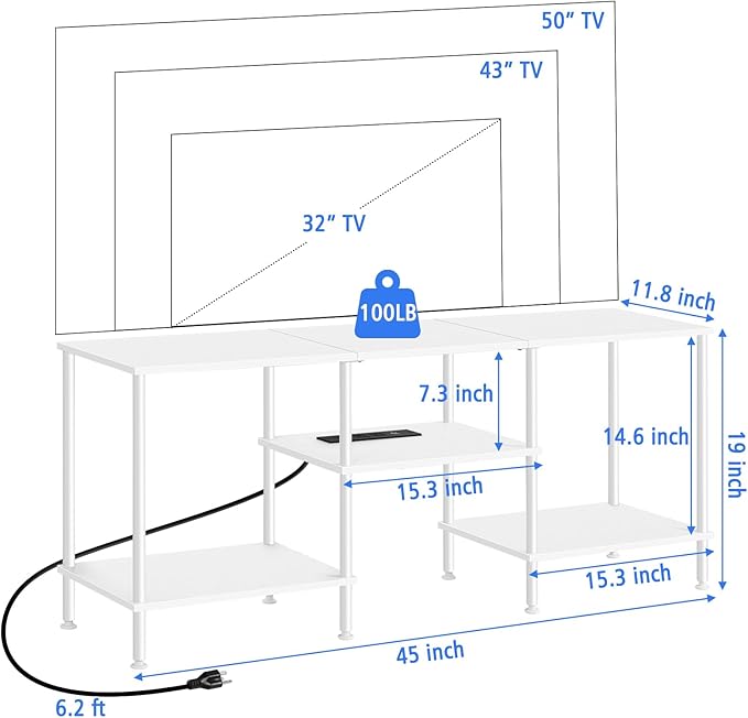 BTY White TV Stand with Storage, Wood Entertainment Center with Power Outlet, 3 Tier Small TV Table with Open Shleves for Living Room, Bedroom, Small Space, up to 50 inch TV