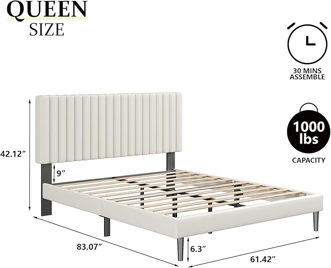 Queen Size Bed Frame with Velvet Upholstered Headboard, Platform Bed with Strong Wood Slats, Mattress Foundation, Box Spring Optional, Easy Assembly, Beige
