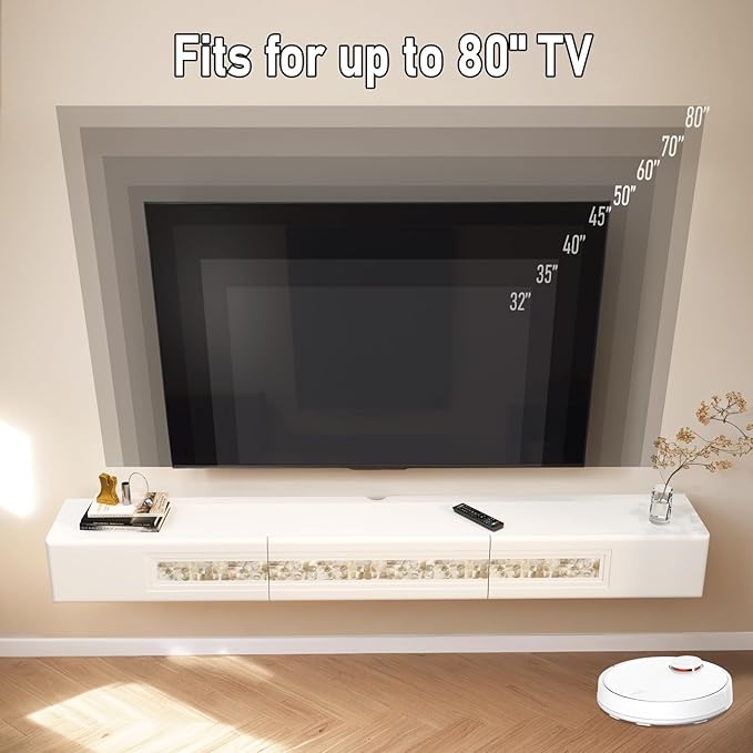 Pmnianhua Floating TV Stand with Mosaic Decor,Wall Mounted TV Console,Floating Entertainment Shelf with Door and Drawers for Bedroom Living Room(White)