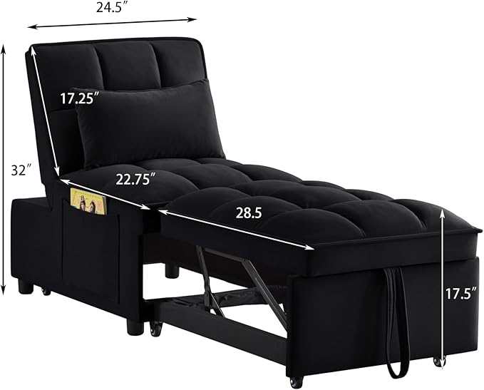 KEIKI Velvet Single Convertible Sleeper Chair Sofa Bed with Adjustable Backrest, Pillows & Storage Pockets, 3 in 1 Pull-Out Couch Chaise Lounge Recliner for Living Room Balcony Bedroom, Black
