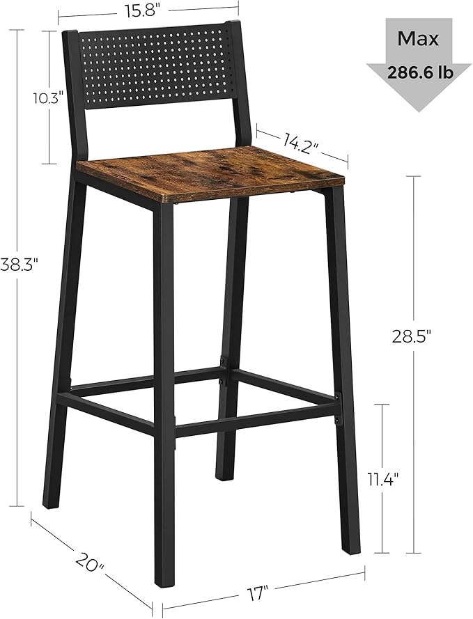 VASAGLE Bar Stools, Set of 2 Bar Chairs, Tall Bar Stools with Backrest, Industrial in Party Room, Rustic Brown and Black ULBC070B01