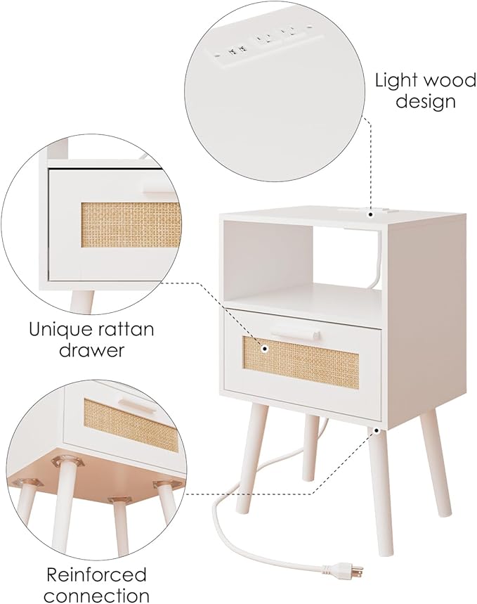 Bedroom Nightstands Wooden Night Stands with Rattan Weaving Drawer Home Bedside End Table for Bedroom Storage (Modern-White)