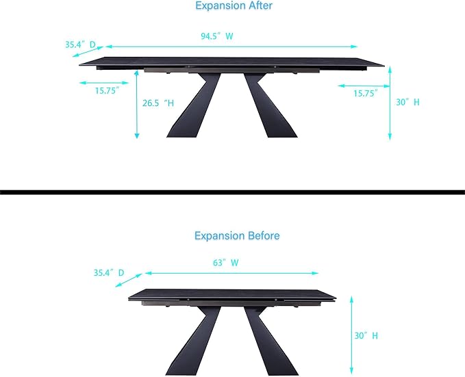 Extendable Dining Table for 8-12 Seat, Flexible Stretch, Tabletop Made from Rock Plate and Tempered Glass, Solid Carbon Steel Base, 35.4" D x 94.5" W x 30" H, Dark Grey