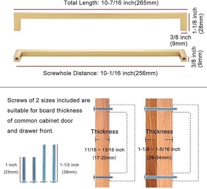 KOOFIZO Solid Square Bar Cabinet Handle - Brushed Gold Furniture Pull, 10 Inch/256mm Screwhole Distance, Pack of 5 for Kitchen Cupboard Door, Bedroom Dresser Drawer, Bathroom Wardrobe Hardware