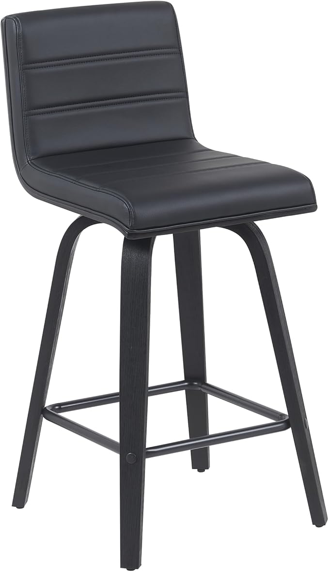 Vienna Modern Counter Height Swivel Bar Stool with Black Faux Leather Seat and Black Brushed Wood Frame Set of 4