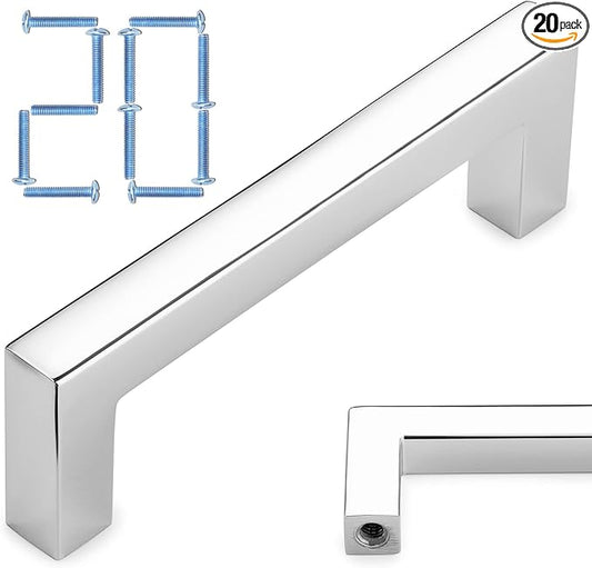 KOOFIZO 20-Pack Solid Square Bar Cabinet Handle - Chrome Furniture Pull, 3 Inch/76mm Screwhole Distance for Kitchen Cupboard Door, Bedroom Dresser Drawer, Bathroom Wardrobe Hardware
