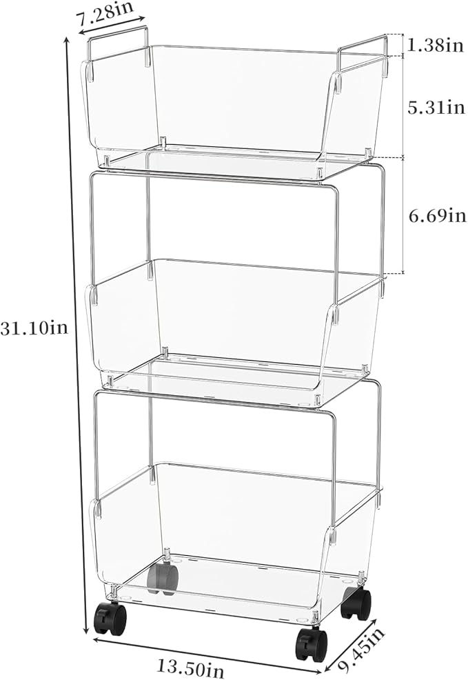 YCIA&DONE 3 Tier Rolling Cart, Storage Shelf Organizer with Lockable Caster Wheels,Transparent Slim Storage Cart for Bathroom, Laundry,Cosmetics