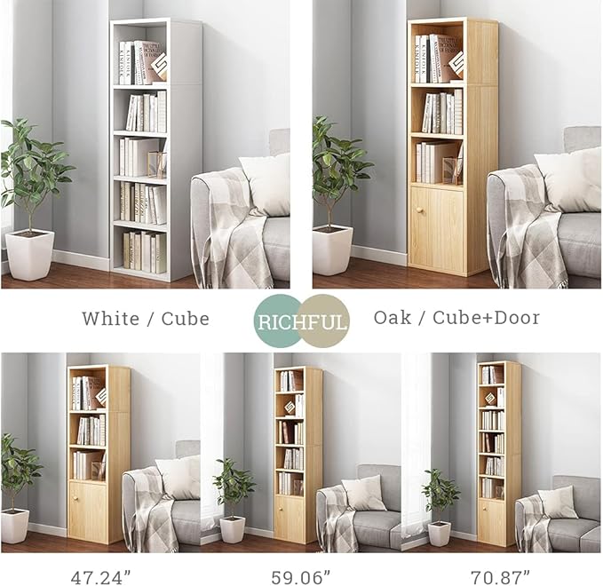 IOTXY Small Narrow Corner Bookcase - 71 Inches Tall Gap Freestanding Storage Cabinet, 7 Lattices Open Shelves Tower Rack with Door, Cubes Bookshelf in Oak