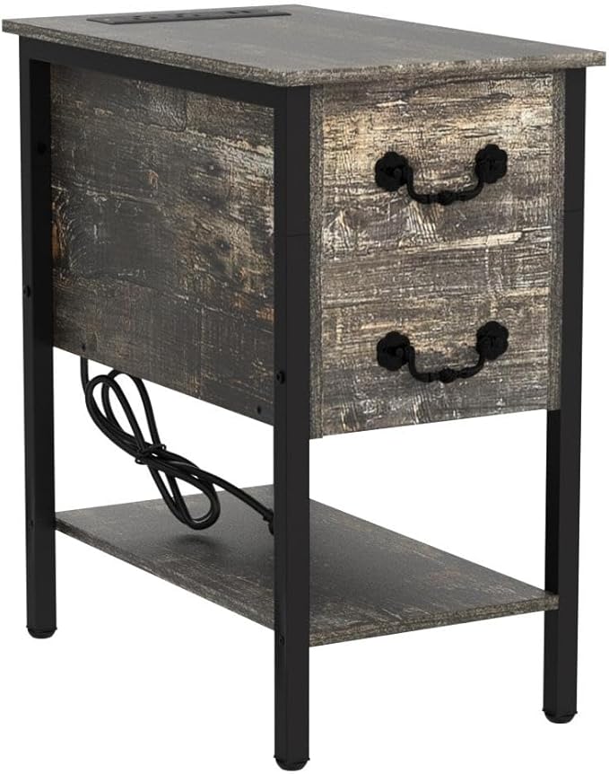 VECELO End Tables,Narrow Nightstands with Charging Station & USB Ports &Drawers,Night Stand for Living Room, Bedroom,Graylish