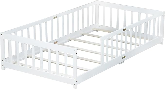 Bellemave Twin Floor Bed with Slats and Safety Guardrails, Kids Montessori Floor Beds with Fence and Without Door, Easy Assemble Floor Bed for Kids, Girls, Boys, White