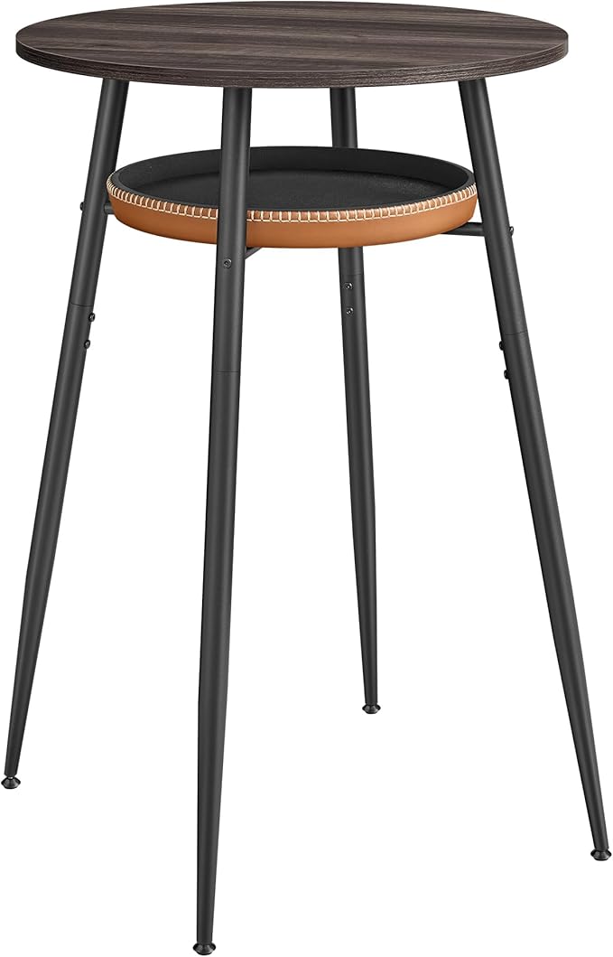 VASAGLE EKHO Collection - Bar Table with Storage, Round High Pub Table, Synthetic Leather with Stitching, Mid-Century Modern, Kitchen Home Bar, Living Room, Easy Assembly, Ash Brown and Caramel Brown