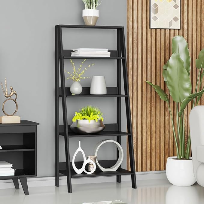 Madesa Modern 5-Tier Ladder Shelf Pantry Storage Space 24 Inch Wooden Free Standing Bookshelf Utility Shelves for Home Office Study Room and Kitchen - Black