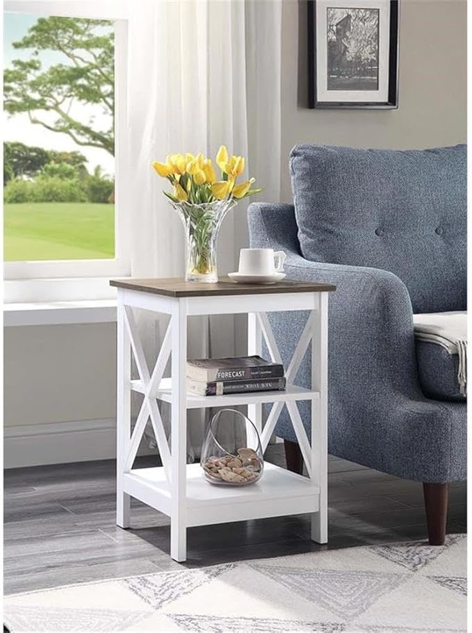Convenience Concepts Oxford End Table 15.75" - Modern Living Room Table with Storage Shelves, Transitional Nightstand Side Table for Home Decor and Display, Driftwood/White