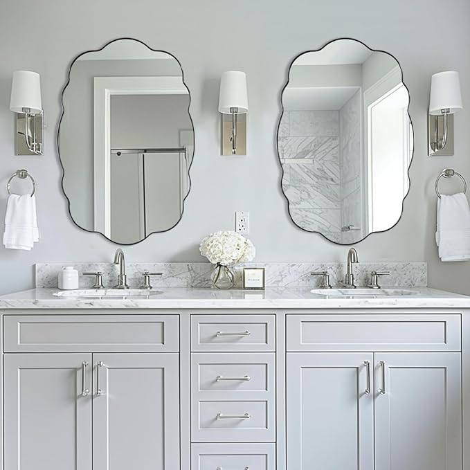 ANDY STAR Brushed Nickel Bathroom Mirror, 24x36 Inch Silver Asymmetrical Wall Mirror, Oval Bathroom Vanity Mirror, Unique Irregular Wall Mirror with Sophisticated Curved Design