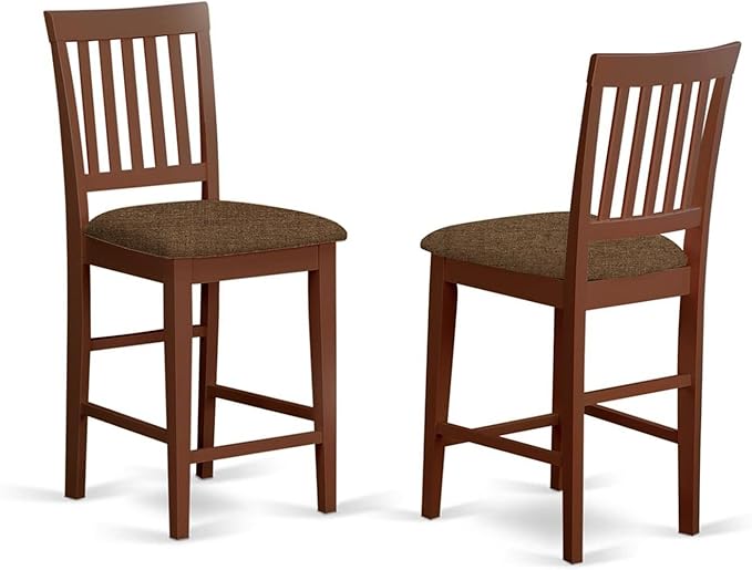 East West Furniture EDVN3-MAH-C 3 Piece Counter Set for Small Spaces Contains a Round Dining Room Table with Pedestal and 2 Linen Fabric Upholstered Chairs, 30x30 Inch, Mahogany