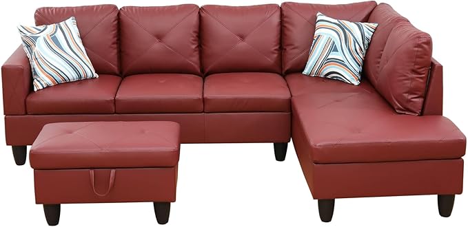 NicBex Sectional Couch 3 Pieces Sofa Set with Left Chaise Faux Leather L Shaped Cloud Couch for Living Room Furniture Sets with Storage Ottoman, Modular Sofa for Living Room & Apartment, Red