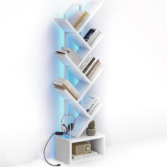 Casaottima White Tree Bookshelf with LED Light Strip — 6-Tier Small Floor Standing Bookcase, Narrow Steel & Wood Book Organizer Shelf with Cabinet, Home Decor for Living Room/Bedroom/Home Office