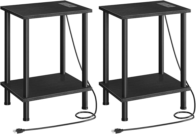 HOOBRO Side Table with Charging Station, Set of 2 End Tables with USB Port and Outlets, Nightstand with 2-Layer Storage Shelves for Small Spaces, Living Room, Bedroom, Black BK09UBZP201